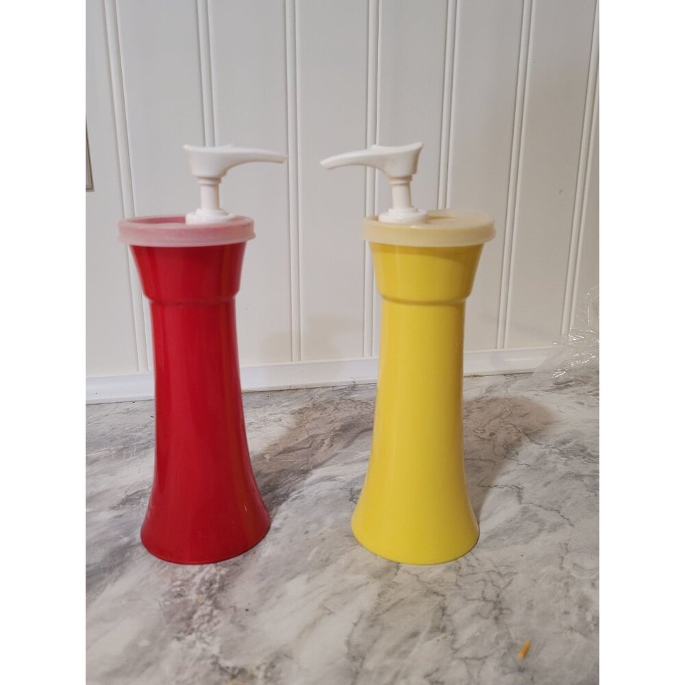 Vintage Tupperware Ketchup &‎ Mustard Dispensers Red & Yellow Plastic With White